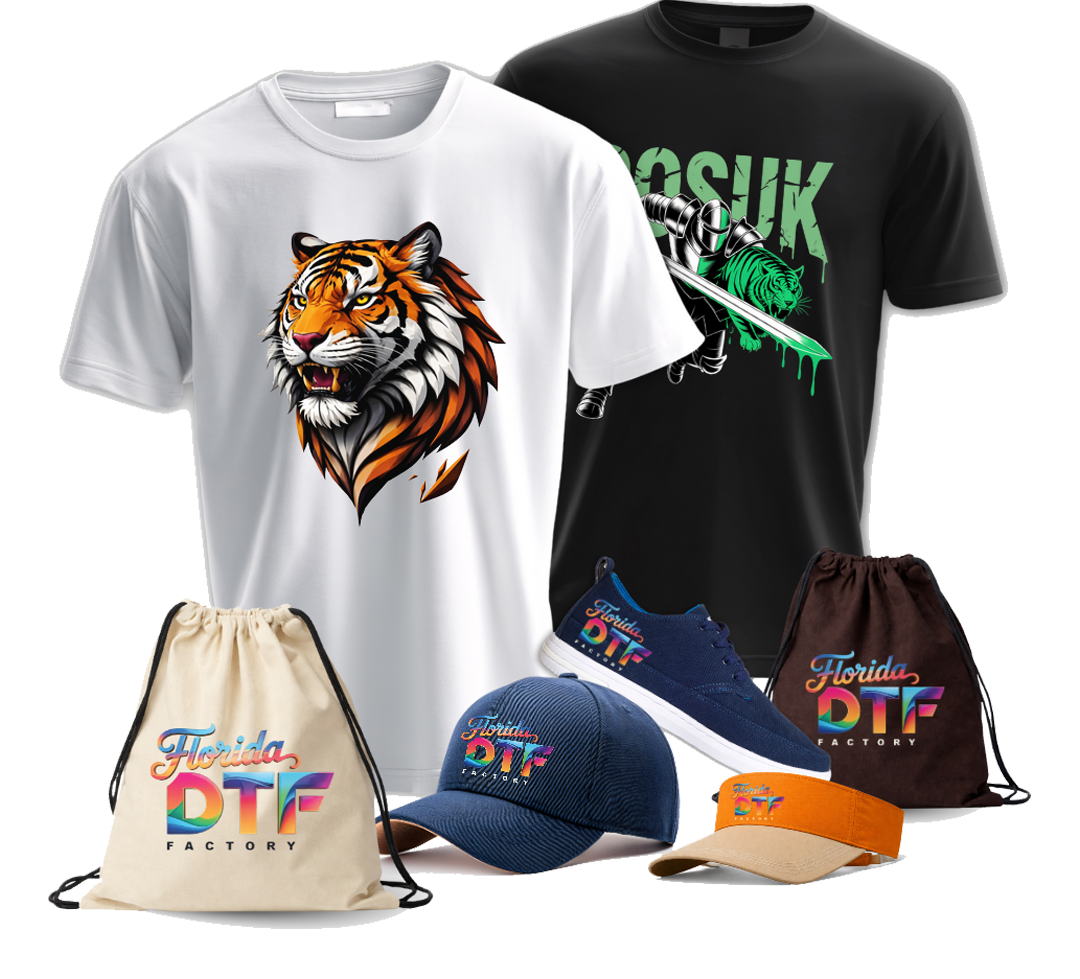 DTF prints products including t-shirts, bag, cap, and shoes with colorful graphics and text.